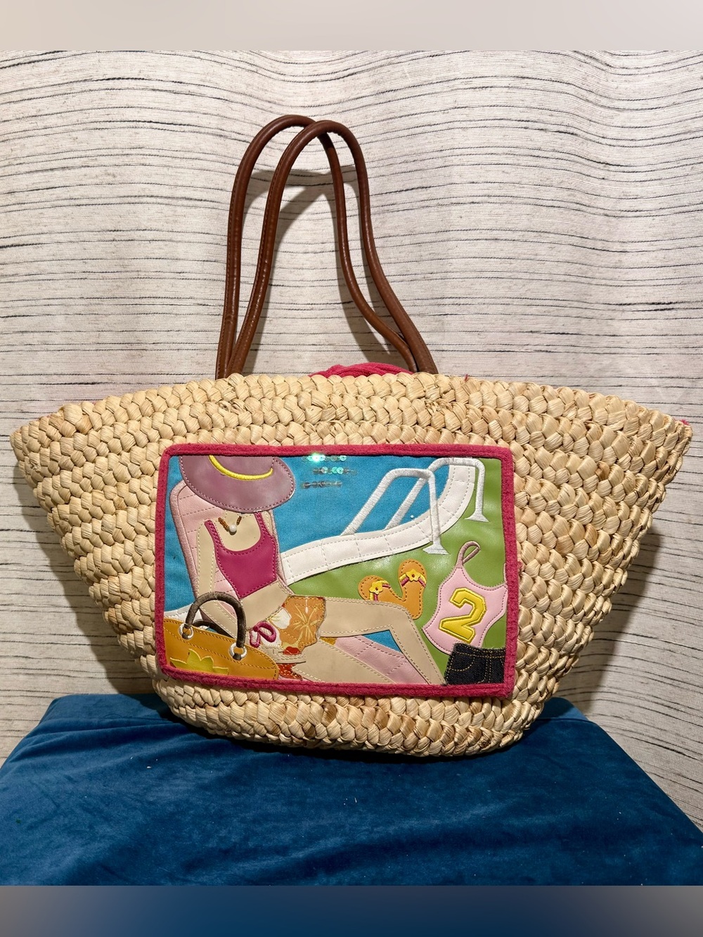 Amanda Smith Straw Tote with scenic Patchwork